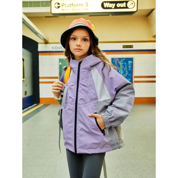 Girls' Outdoor Casual Sporty Patchwork Hooded Windbreaker Jacket