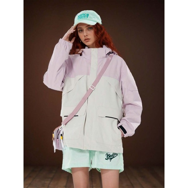 New Women's Color-Block Loose Casual Hooded Windbreaker Jacket 