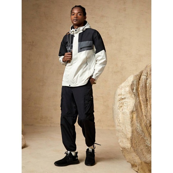 Men Two Tone Slant Pocket Drawstring Hooded Insulated Jacket