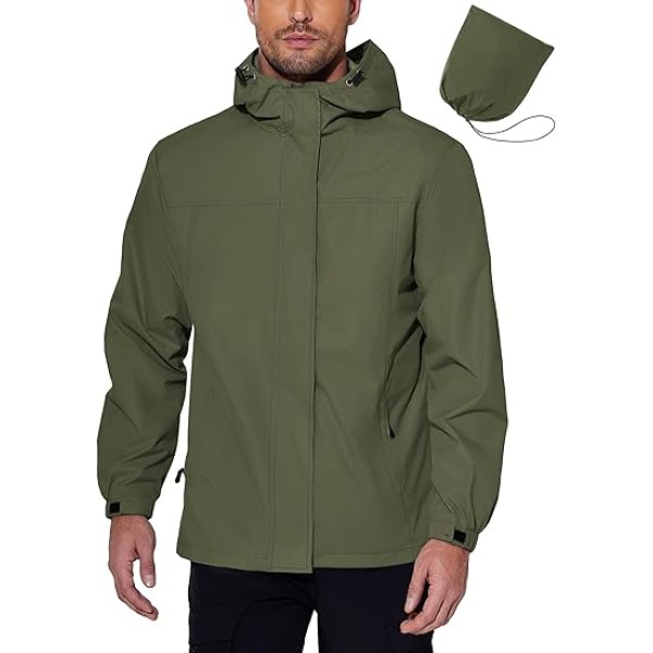 Men's Rain Jacket Waterproof With Hood Lightweight Packable Raincoat