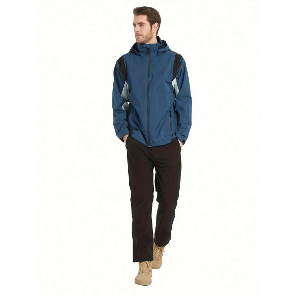 Men's Colorblock Waterproof & Windproof Outdoor Climbing Jacket With Hood, Suitable For Camping